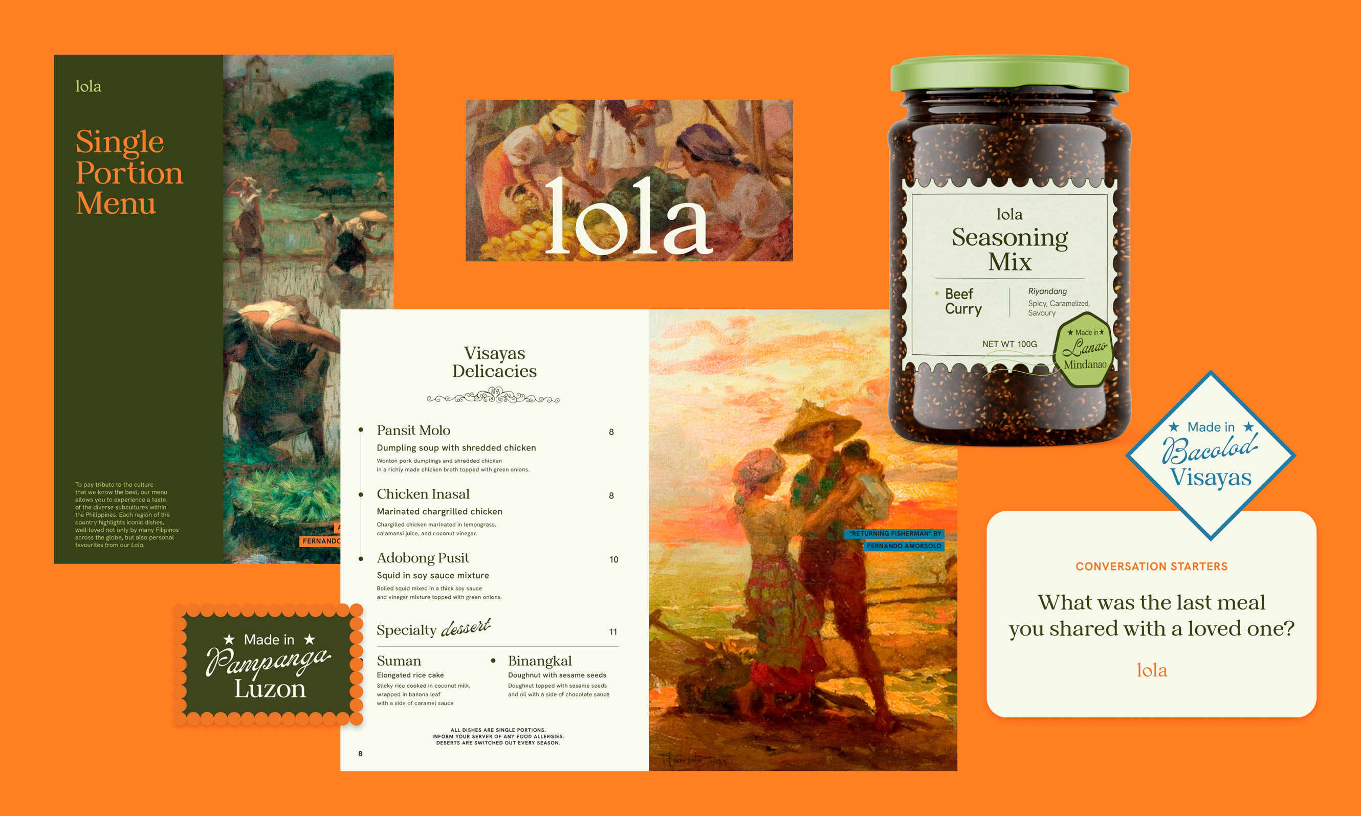 Lola Brand Collateral overview including menu design, packaging, cards, and postage stamps